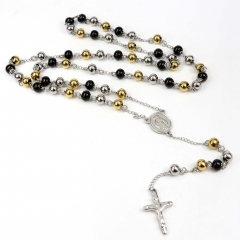 8mm Gold+Black+Silver Stainless Steel Rosary Necklace