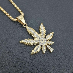 Stainless steel gold-plated and diamond leaf pendant