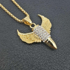 Stainless steel gold-plated diamond-encrusted wings bullet pendant