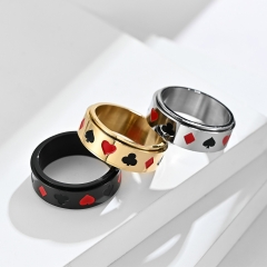 Stainless steel jewelry men ring wholesale，Poker card pattern black red plum square stainless steel rotatable ring