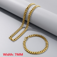 High-quality stainless steel six-sided polished necklace bracelet combination set, men's hip-hop trend thick chain wholesale