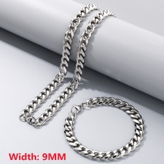 High-quality stainless steel six-sided polished necklace bracelet combination set, men's hip-hop trend thick chain wholesale