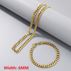 High-quality stainless steel six-sided polished necklace bracelet combination set, men's hip-hop trend thick chain wholesale