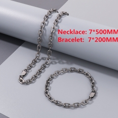 7mm stainless steel trimmed O-shaped chain necklace + bracelet combination set