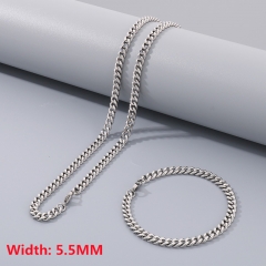 High quality European and American fashion stainless steel Cuban necklace + bracelet combination set, hip-hop two-sided grinding chain