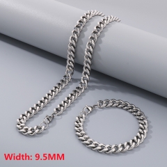 High quality European and American fashion stainless steel Cuban necklace + bracelet combination set, hip-hop two-sided grinding chain