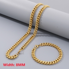 High quality European and American fashion stainless steel Cuban necklace + bracelet combination set, hip-hop two-sided grinding chain