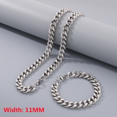 High quality European and American fashion stainless steel Cuban necklace + bracelet combination set, hip-hop two-sided grinding chain