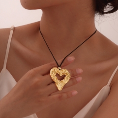 Stainless Steel Irregular Heart Shape Black Nylon Rope Adjustable Necklace Gold