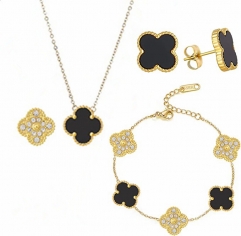 Fashion Popular Stainless Steel Four Leaf Clover Jewelry Necklace Earrings Bracelet  3-piece VCA Jewelry Set Wholesale for Women