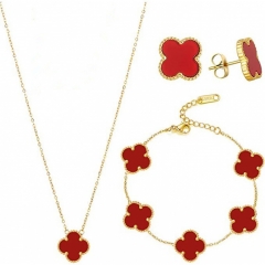 Fashion Popular Stainless Steel Four Leaf Clover Jewelry Necklace Earrings Bracelet  3-piece VCA Jewelry Set Wholesale for Women