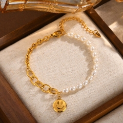 Stainless steel chain smiley face medal imitation pearl bracelet