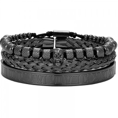 Skull Braided Bracelet Stainless Steel Roman Numeral Twisted Bracelet Men's Set