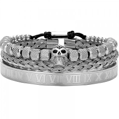 Vintage Stainless Steel 6mm Pineapple Bead Braided Skull Accessory Bracelet Men's 3-Piece Set Bracelet